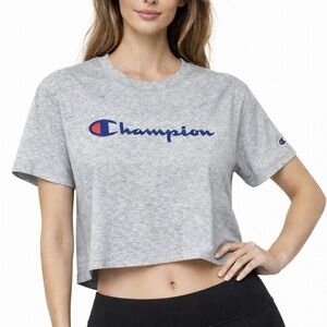 Champion Women’s Cropped T-Shirt Gray Logo Tee Short Sleeve Athletic Top L NWT
